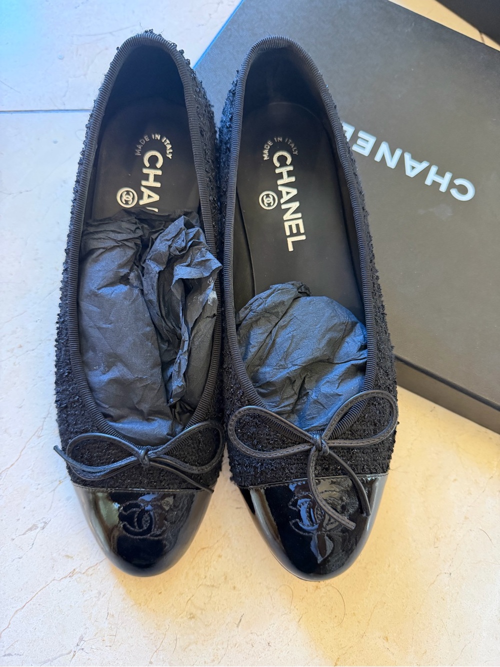 Chanel Black Tweed & Patent Leather Cap-Toe Ballet Flats